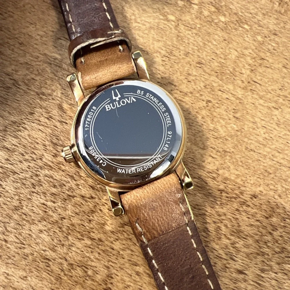 Bulova Women's Analog Brown Genuine Leather Gold Tone Quartz Watch Needs Battery